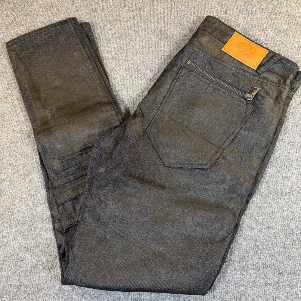 New Iro-Ochi Mens Black Waxed Coated Moto Denim Jeans Zipper Back Size 36 #2853